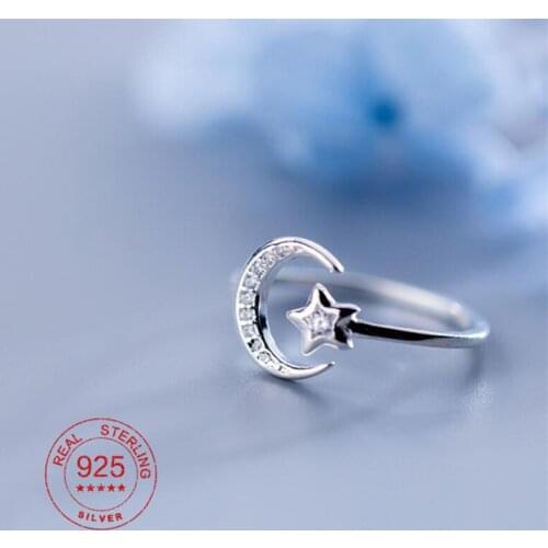 Creative Crystal CZ Moon Star Open Rings 925 Sterling Silver Geometric Finger Ring for Women Girls Fine Jewelry Best Lovers Gift