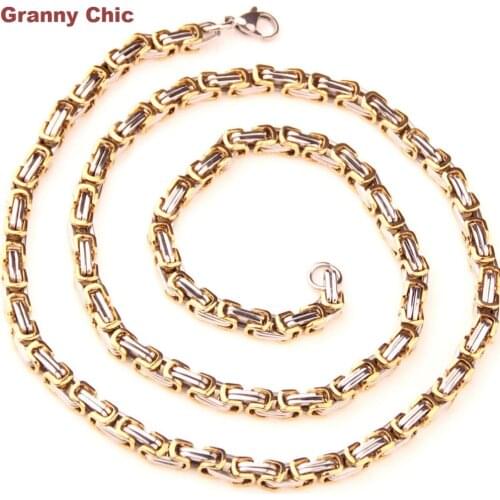Granny Chic Mens Fashion Jewelry Silver Gold Two Tones Stainless Steel Byzantine Chain Handmade Necklace 4mm18"-40"