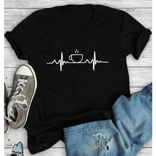 Coffee Heartbeat 100% Cotton T-shirt Funny Coffee Lover Gift Tshirt Casual Women Short Sleeve Hipster Caffeine Top Tee Shirt