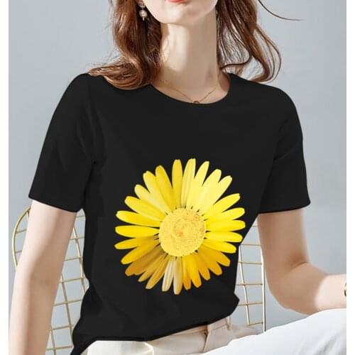 Women Print T-shirts Black All-match Cute Daisy Pattern Print Series Tee Classic O-neck Female Short Sleeve Tee,Drop Shipping