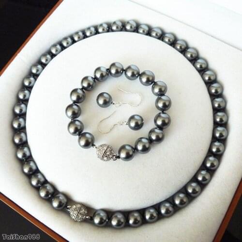 Womens Hair full wigs AAA+ 10mm Black Shell Pearl Crystal Clasp Earrings Bracelet Necklace Set AAA style Fine Noble real