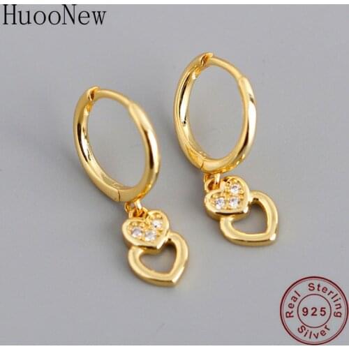 925 Sterling Silver Gold Color Couple Heart Zircon Hoop Earring Pendientes Oorbellen Brinco Boucle D'oreille For Women Valentine