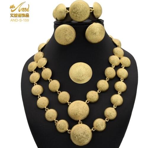 African Bead Jewelry Set Nigeria Gold Plated Woman Round Pendants Necklace Earrings Bracelet Indian Bridal Wedding Jewellery