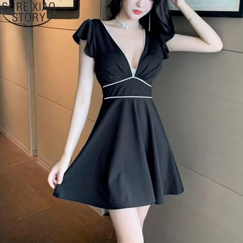 2021 New Summer Korean Sexy V-neck Mini Party Dress High Waist Nightclub Backless Dress Women Short Sleeve Vestidos 14567