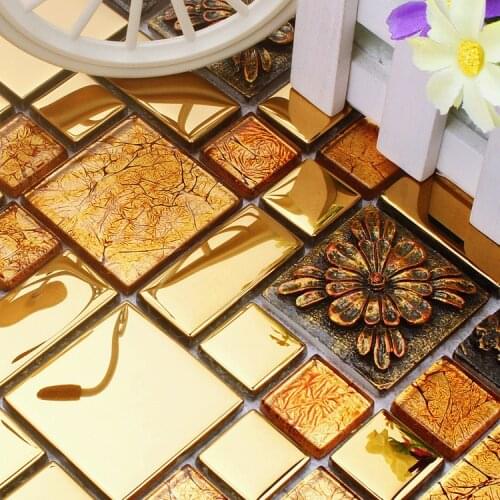 Golden resin stainless steel glass mosaic tiles HMGM1080A for backsplash kitchen wall floor mosaic tiles free shipping