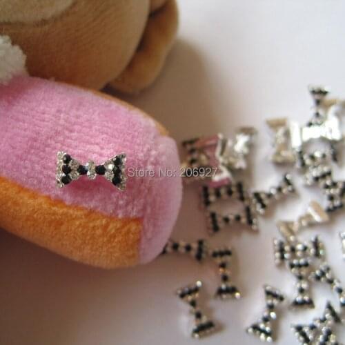MD-78 10pcs Fancy Crystal and Black Rhinestone Silver Bow Metal Charms Metal Deco Charms Nail Art