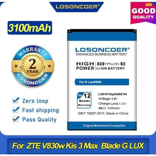 100% Original LOSONCOER Li3818T43P3h695144 3100mAh Battery For ZTE V830w Kis 3 Max for ZTE Blade G LUX