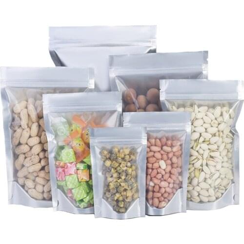100Pcs Pure Aluminum Foil Stand Up Bag Zip Lock Tear Notch Candy Nut Food Snack Biscuits Tea Reusable Storage Packaging Pouches
