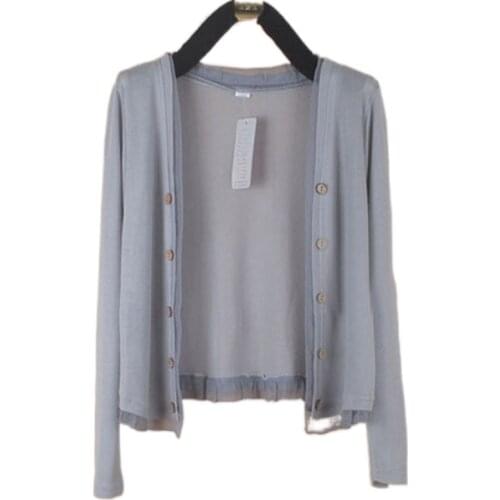 2021 Summer Knitted Short Shawl Plus size Thin Cardigan Long-sleeved Double-breasted Lace Trim Spring Autumn Cardigan Women