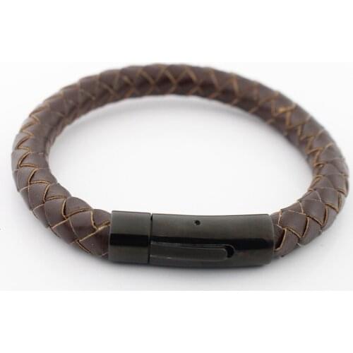 8MM Retro Genuine Leather Bracelet for Men Never Fade Stainless steel Black Magnet Clasp Bangles