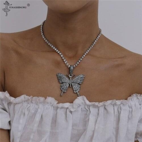 Fashion Big Butterfly Pendant Necklace Rhinestone Chains for Women Bling Hip Hop Tennis Chains Crystal Choker Necklace Jewelry