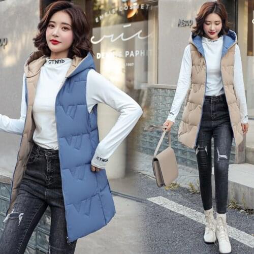 Both Side Wear Women Autumn Winter Mid-long Waistcoat Vest 2021 New Casual Solid Sleeveless Hooded Thick Warm padded Vest Coat