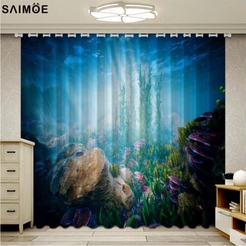 Graceful Blue Underwater World Blackout Curtains For Window 3D Undersea Living Room Bedroom Cortinas Ultra-thin Micro Shading