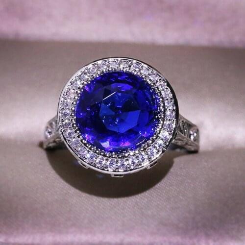 Blue Crystal round Silver Ring Jewelry Made with Genuine 925 sterling silver Engagement Ring For Women gitfs HotSale