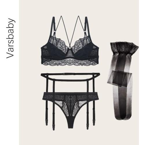 Varsbaby lingerie set 4pcs sexy charming cross shoulder strap bra+garter+lace see through thong+stockings black red