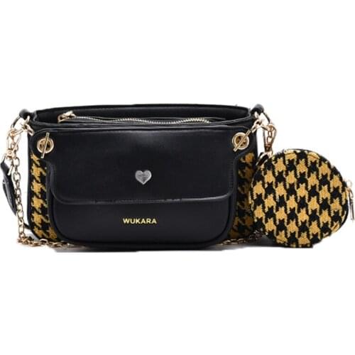 Fashion Woolen LatticePU Leather Shoulder Messenger Bag Casual Crossbody Small Bag Three-Piece Armpit Evening Clutch Handbags