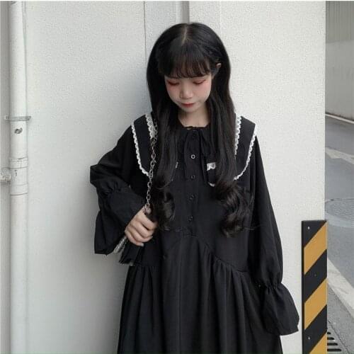 Womens New Japanese Style Cute Loose Doll Collar Bell Sleeve Midi Navy College Dress japanese school uniform sailor dress