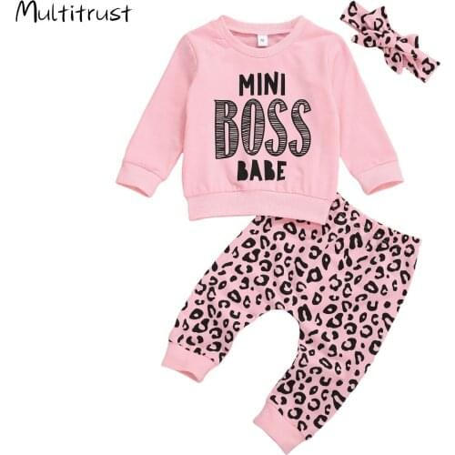 3PCS Autumn Baby Girls Clothes Sets Letter Print Long Sleeve Pullover Sweatshirt Tops+Leopard Pants 0-3Y