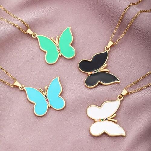 2021 Cute Enamel Butterfly With Zircon Pendant Necklace Titanium Steel 18K Gold Plated Chain Necklace for Women Quality Jewelry