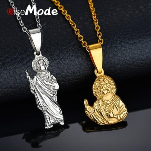 ELSEMODE Gold Titanium Stainless Steel Jesus Christ Pendant Necklace Gold Christian Amulet Necklace Women Men Jewelry