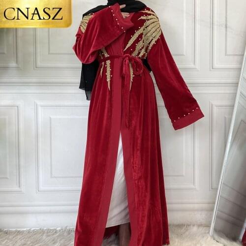Ramadan Arabic Fashion Stitching Pearl Cardigan Muslim For Women Long Sleeve Golden Embroidery Velvet Kimono Islamic Clothing