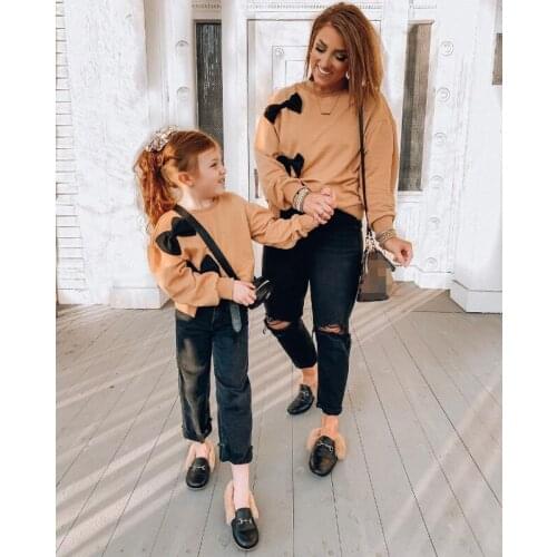 Spring Autumn Solid Color Parent-child Outfit Bow Decoration Long Sleeve Round Collar Hoodie Casual Tops Family Matching Hoodies
