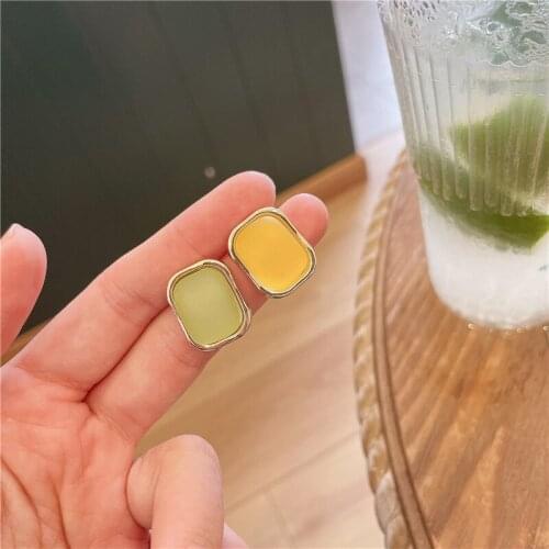 ALLNEWME Sweet Asymmetric Candy Color Enamel Earring for Women Korean Yellow Green Square Geometric Stud Earrings Summer Jewelry