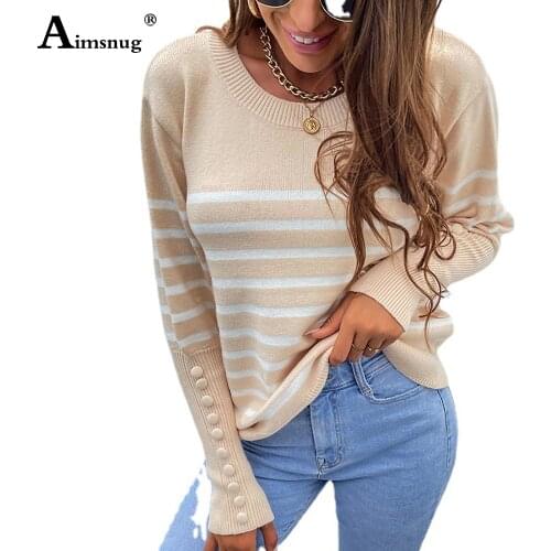 Aimsnug Women Fashion Stripes Top Sweaters Autumn Spliced Buttons Casual Pullovers European Style 2021 Female knitting Pullovers