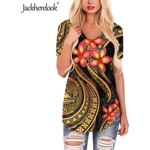 Jackherelook Womens Loose Tops Blouses Vintage Samoa Ploynesain Hibiscus Print Short Sleeve V-Neck Tops Shirts Fashion Clothing