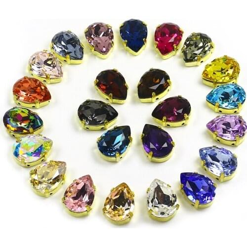 20pcs Teardrop Crystal Glass Strass Rhinestones with Gold Claw Sew on Rhinestone Applique for Needlework DIY Shoes Clothes Dress