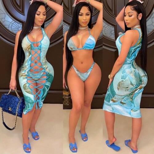 2021 Fashion Bikini Set And Matching Cover Dress Womens Sleeveless Hollow Out Laced Beach Dress 3 Pieces Outfits Beachwear S-XL