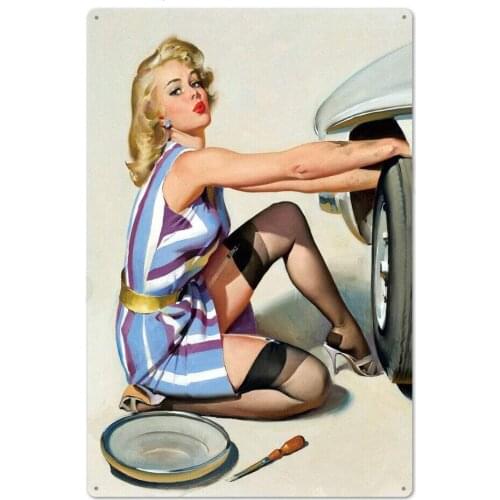 AIDANDAN Wheel Repair Pin Up Sexy Girl 40s 50s Old Design Tin Signs Vintage Metal Tin Signs for Wall Art Decor for Home Bars