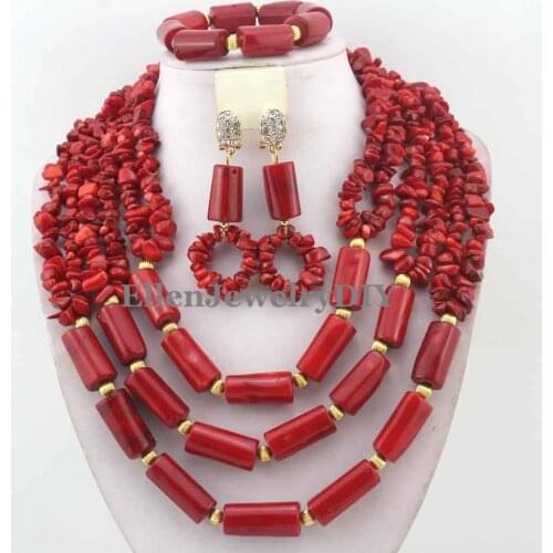 Free Shipping! 2016 Unique African Red Coral Beads Jewelry Set Nigerian Wedding Beads Jewelry Set Bridal Coral Jewelry W13363