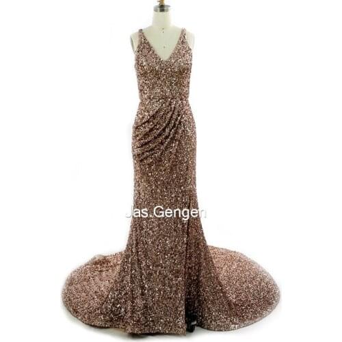 Blingbling Sequins Mermaid Evening Dresses vestidos formales V Neck Pleat Long Train Gold Color Prom Gownbs 2020