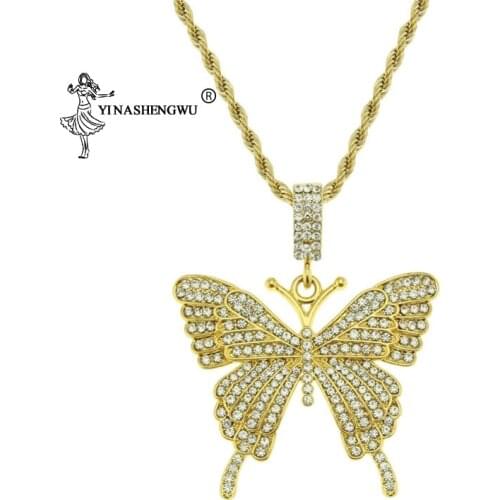 Hip Hop Butterfly Rhinestone Necklace Pendant Fashion Twist Chain Combination Butterfly Necklace Luxury Punk Jewelry Gift Metal