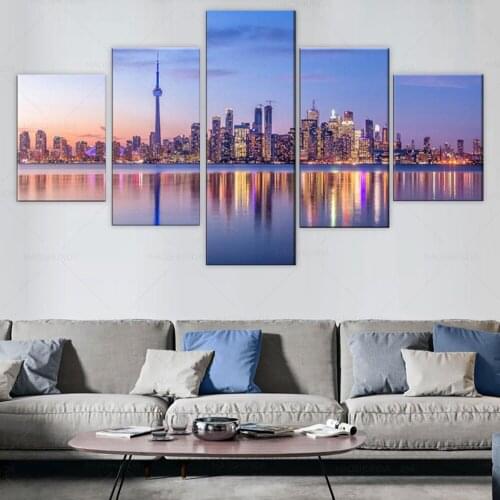 Canvas Wall Art Pictures Frame 5 Pieces Modern City Toronto Skyline with Purple Light Painting Cityscape Live Room Print Posters