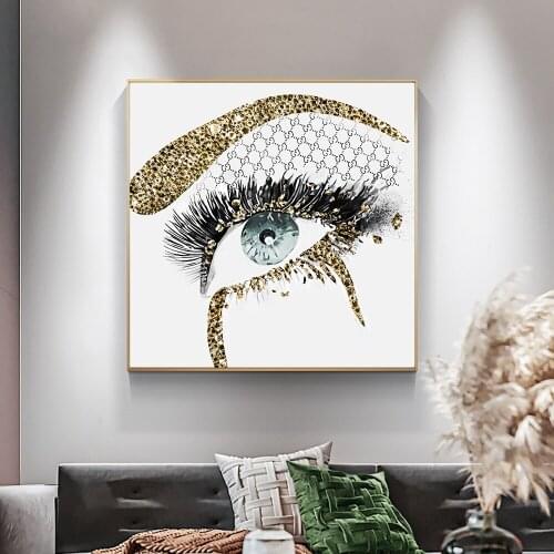 Mordern Fashion and Glam Eyes and Rhinestones Golden Mascara Graphic Art Print on Canvas Abstract wall art Painting Home Decor