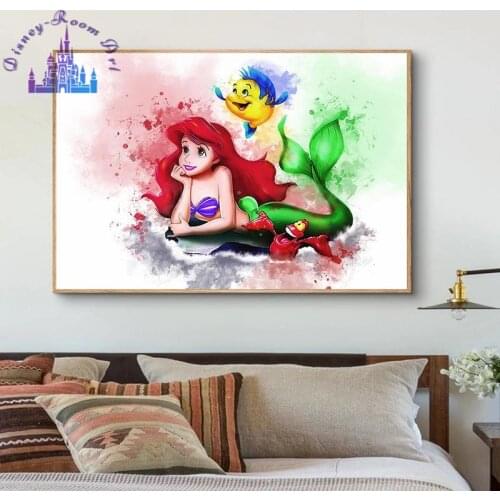 Disney Ariel Mermaid Print Canvas Painting Posters Watercolour Little Mermaid Artwork Wall Art Painting Pictures for Room Decor