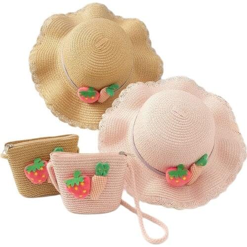 2pcs a Sets Sun hat With Hnadbag Shoulder bags Summer Holiday Kid Girl Pincess Cute Carrot Straw Hat Beach Travel