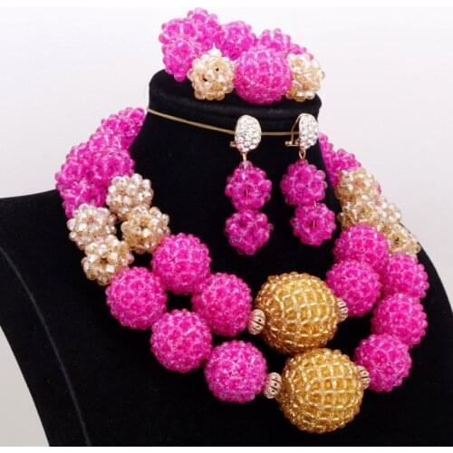 Dudo Gold & Fuchsia Crystal Jewellery Sets For Women 2021 Beaded Big Balls African Bridal Beads Necklace Set Nigeria