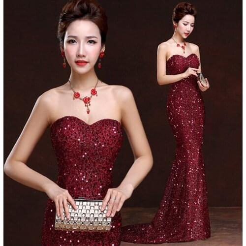 Red sequin trailing skirt fishtail evening dress performance bride wedding toast service company annual meeting thank you dress