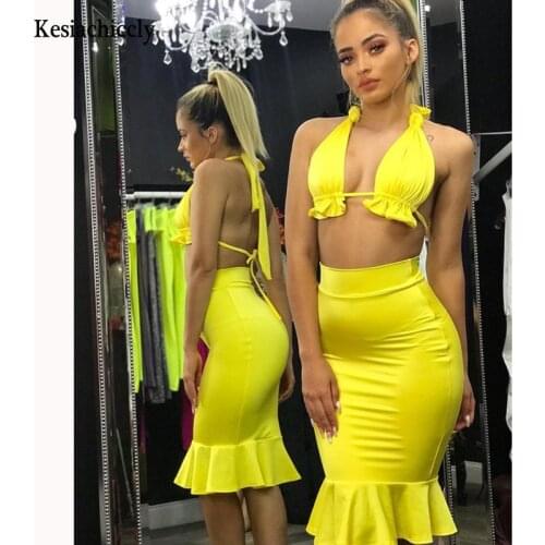 Kesiachiccly 2021 Summer Ruffles Mini Dress Halter Sexy Backless Nightclub Party Dresses Bodycon Elegant Bandage Female Vestidos