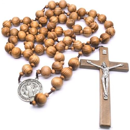 Saint Benedict CSPB Medal Wooden Bead Chain Rosary Necklace Catholic NRI Large Cross Pendant Necklaces Religious Wall Decor Gift