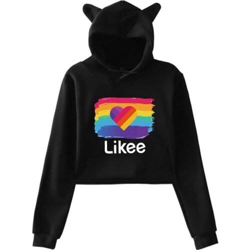 Fashion Women LIKEE Hoodies Pink Cat Ear Russia Style Likee Cat Crop Tops Hip Hop Pullover Trendy Rainbow Sweatshirt Streetwear