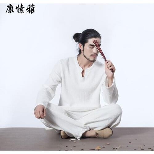 Men Yoga Set Tai Chi Meditation Uniforms Cotton Linen Loose Yoga Pant Shirt Tai Ji Martial Arts Kung Fu Exercise Casual Set Suit