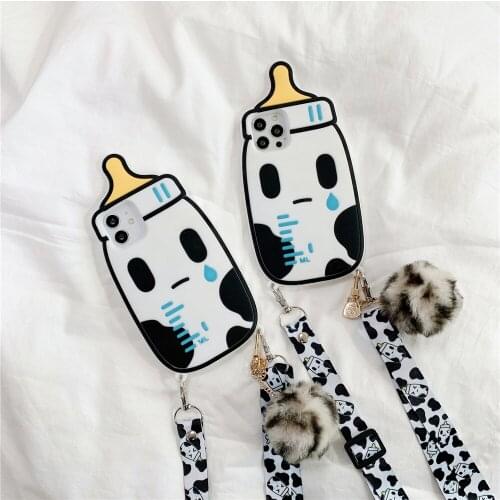 Milk Bottle Soft Silicone Phone Case for iPhone 12Pro Max 11 6 7 8 Plus X XR XS MAX Lanyard Baby Bottle Phone Protective Cover