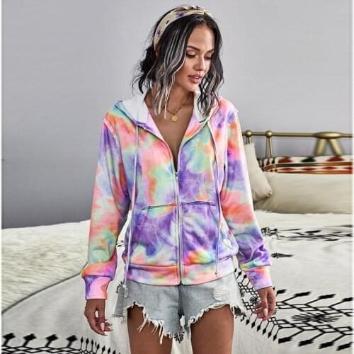 FNOCE 2020 new womens coats fashion casual street young tie-dye long sleeve hooded zipper loose slim pocket coats and jackets