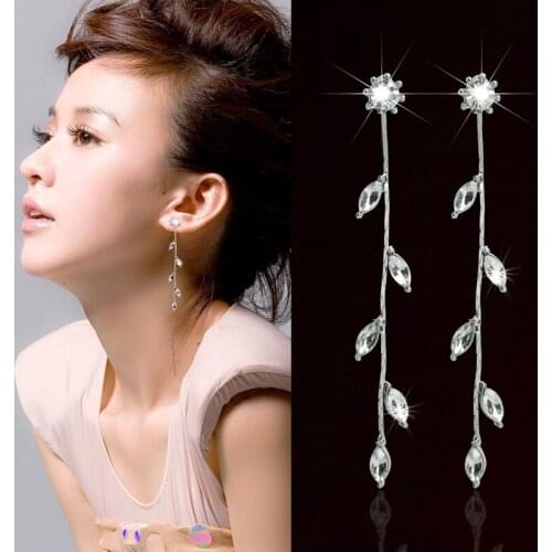 New Fashion Zircon Long Leaf Drop Earrings for Women Elegant Crystal Heart Stud Long Dangle Earrings Pendant