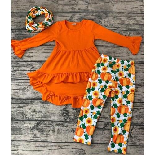 Halloween clothes pumpkin long sleeve orange long sleeve dress and pants set and scarf kids boutique outfits designer clothes