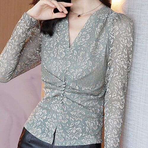 Autumn Long Sleeve Print Lace Blouse Shirt Tops Blouse Women Blusas Mujer De Moda 2021 V-Neck Office Lady Tops Blouse Blusa D697